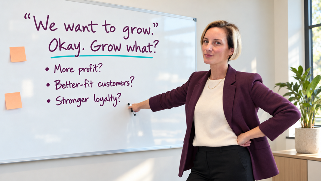 Jen VanEe standing at whiteboard that says "We want to Grow" followed by questions about how they want to grow, profit, customers, brand loyalty?